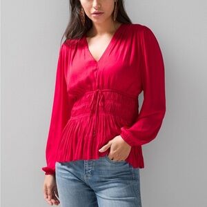 White House Black Market Long Sleeve V Neck Satin Tie Waist Top - Fabled Red